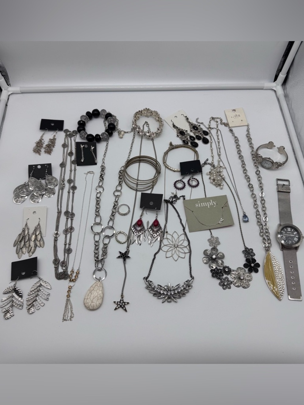 Silver Tone Jewelry Bundle Mixed Lot Necklaces Earrings Bracelets Watch